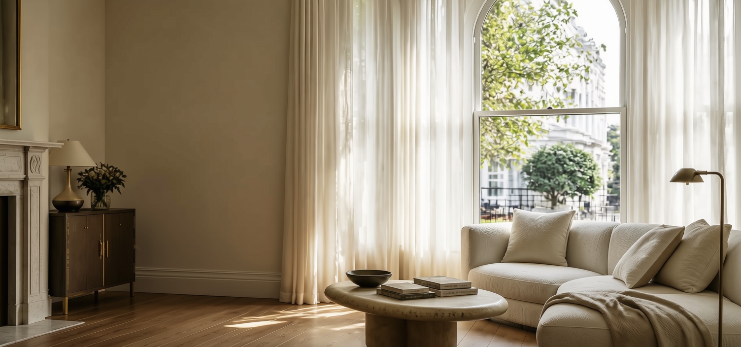 A light-filled London townhouse living room with arched sash windows, sheer curtains, and a curved cream sofa