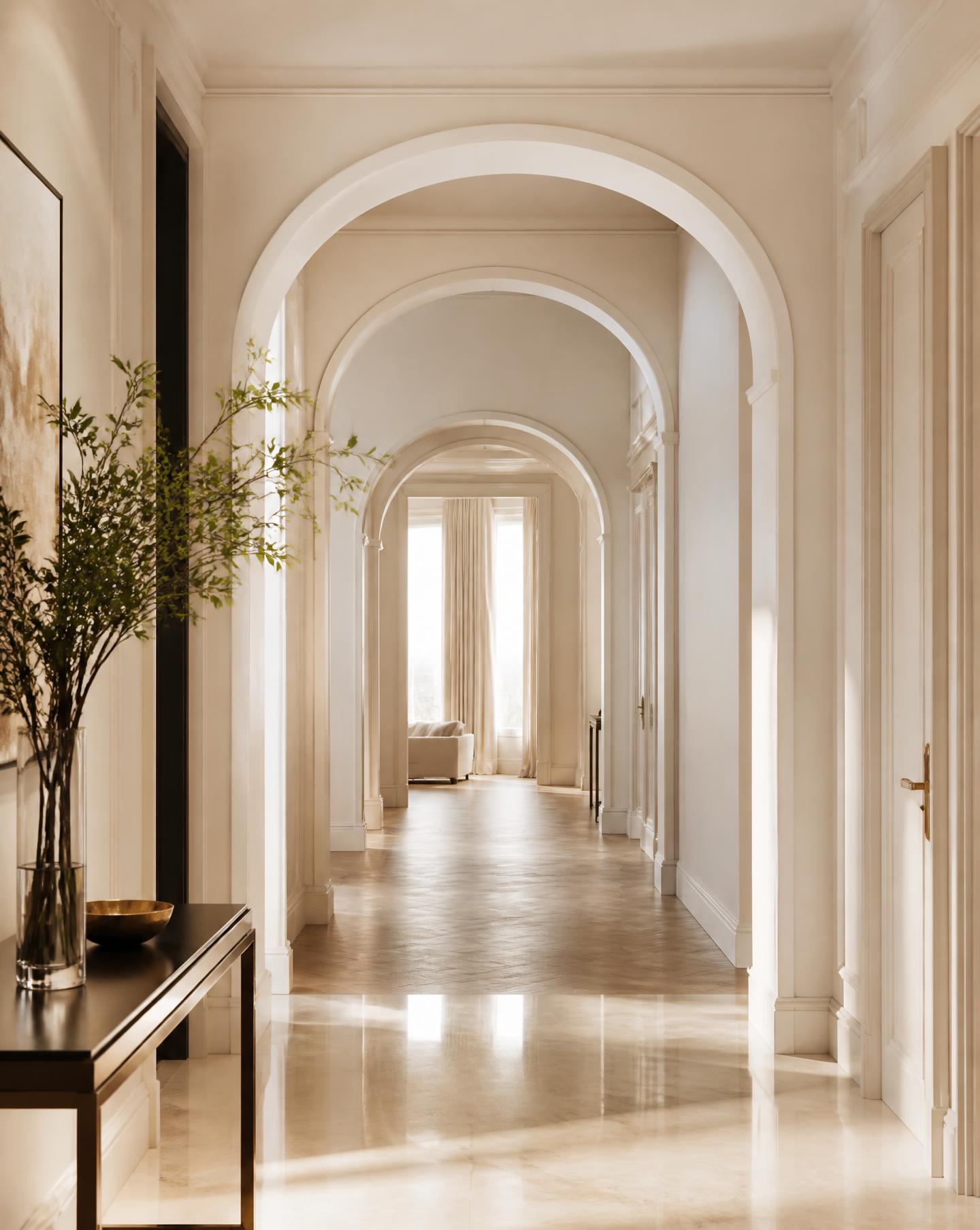 A refined luxury hallway with tall arched doorways, soft natural light and warm beige tones