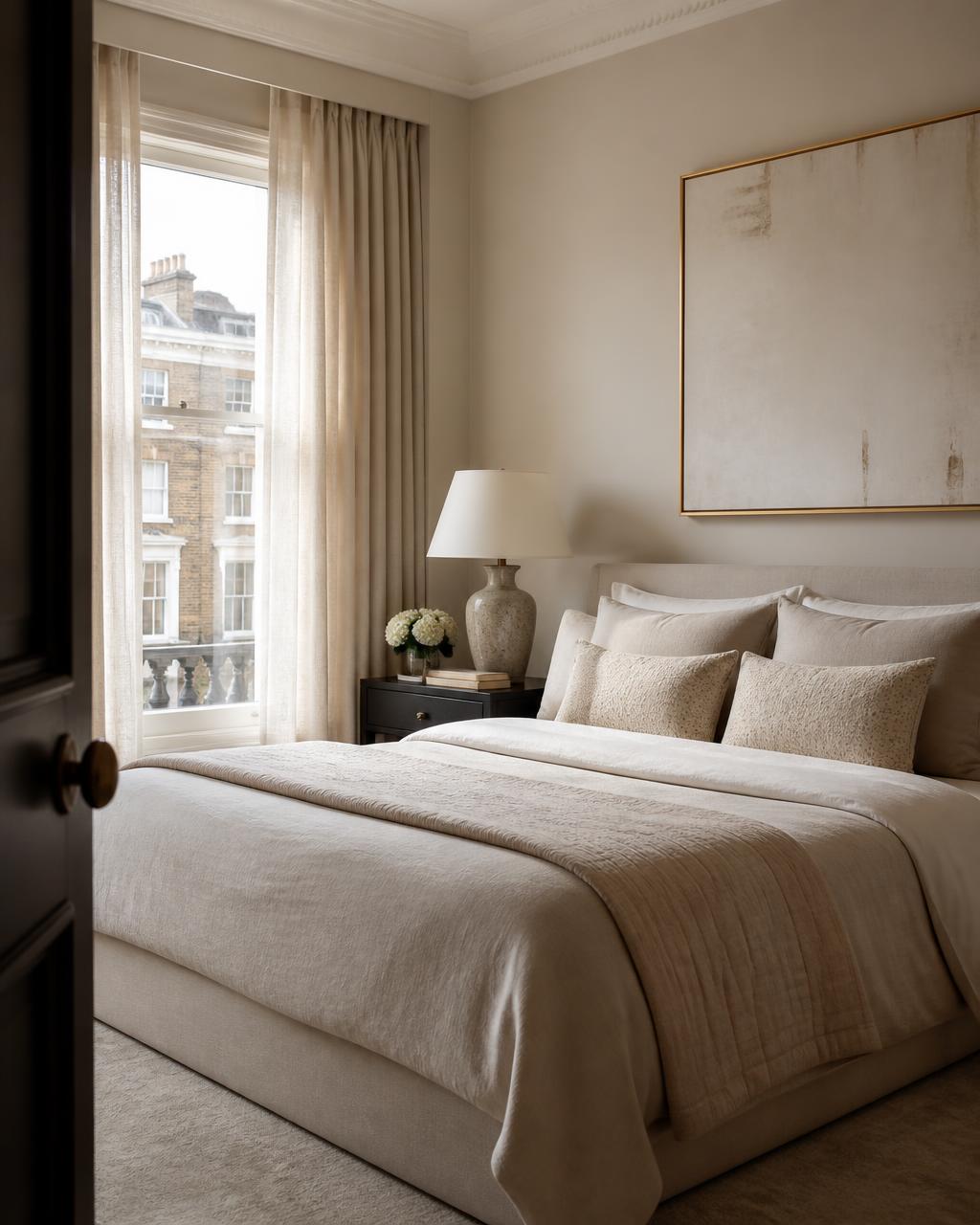 A serene bedroom with linen bedding, in a premium London residence