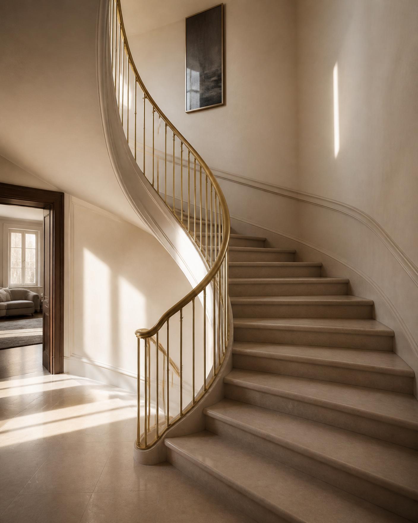 A curved staircase with a brass handrail in a London residence